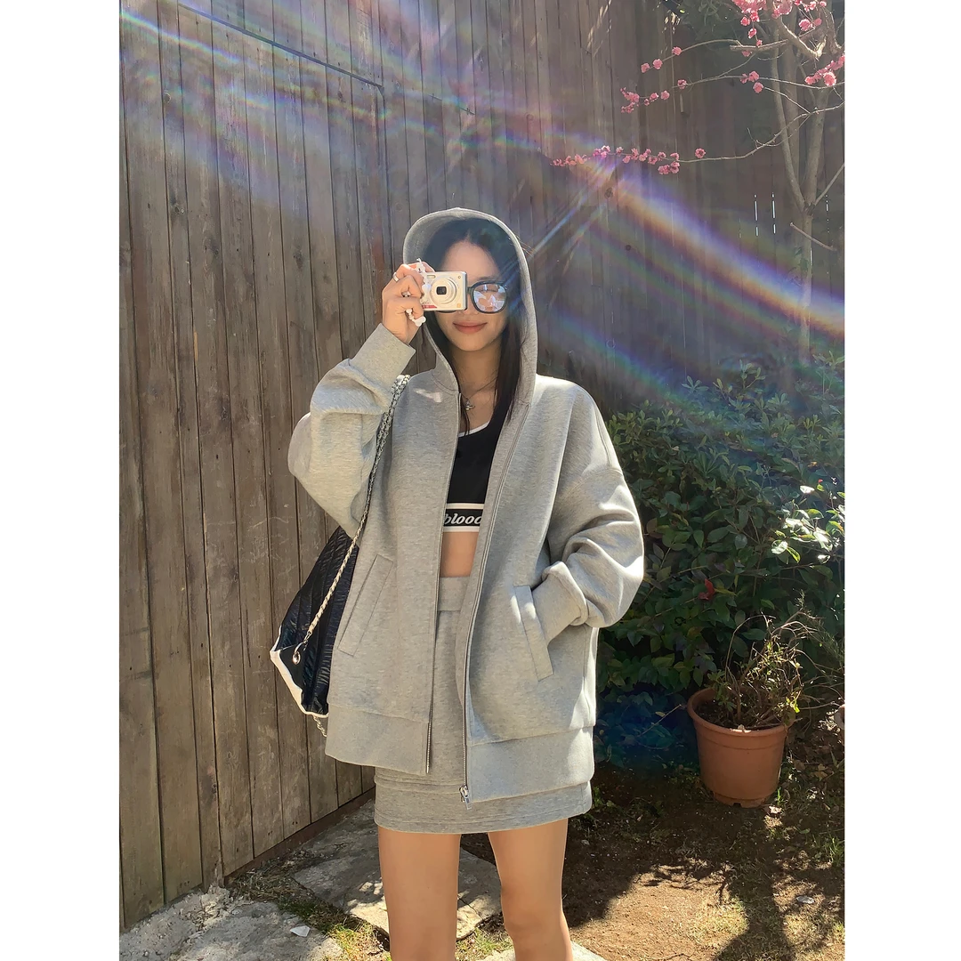 pusumede 灰色连帽卫衣女开衫外套闲百搭宽松拉链上衣PSW18133-C