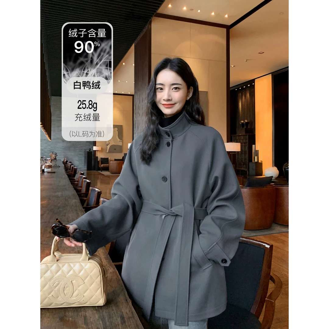 pusumede立领系带收腰羽绒内胆外套女显瘦设计感白鸭绒羽绒服上衣