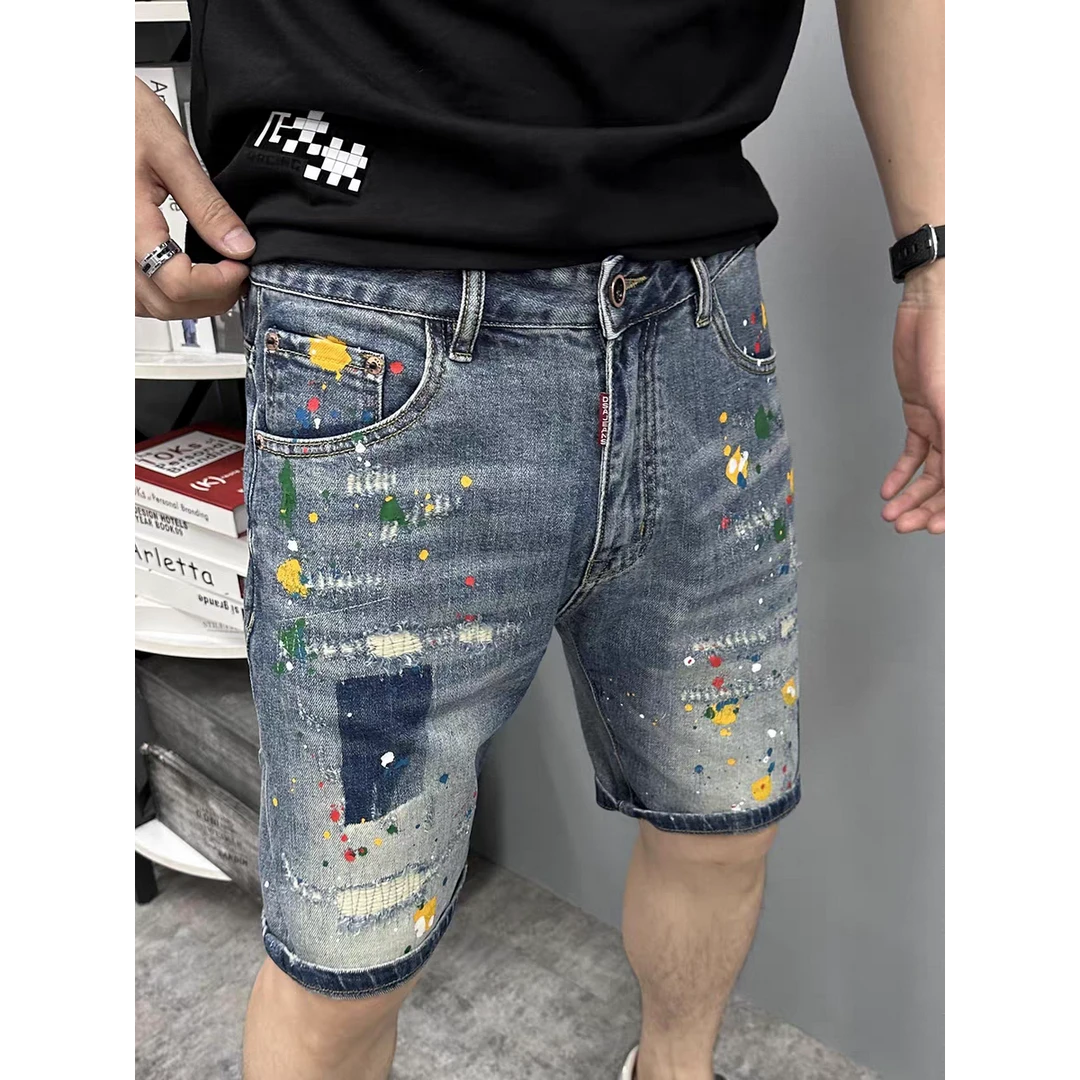 男短牛仔裤五分弹力破洞泼墨油漆直筒时尚休闲百搭夏季宽松潮流
