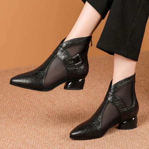 女鞋新款真皮网靴2025年春季镂空网纱鞋百搭粗跟大码凉靴中跟凉鞋