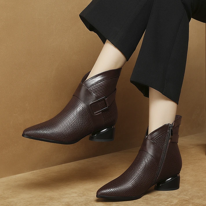 粗跟短靴女2025秋冬季新款马丁靴中跟真皮靴子加绒女鞋百搭罗马鞋