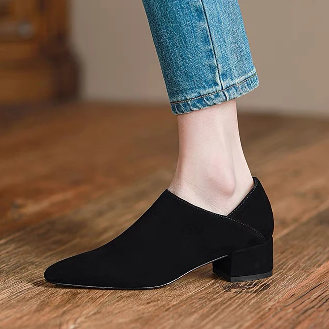 磨砂皮单鞋女粗跟中高跟尖头春秋新款翻毛皮深口女鞋软羊皮懒人鞋