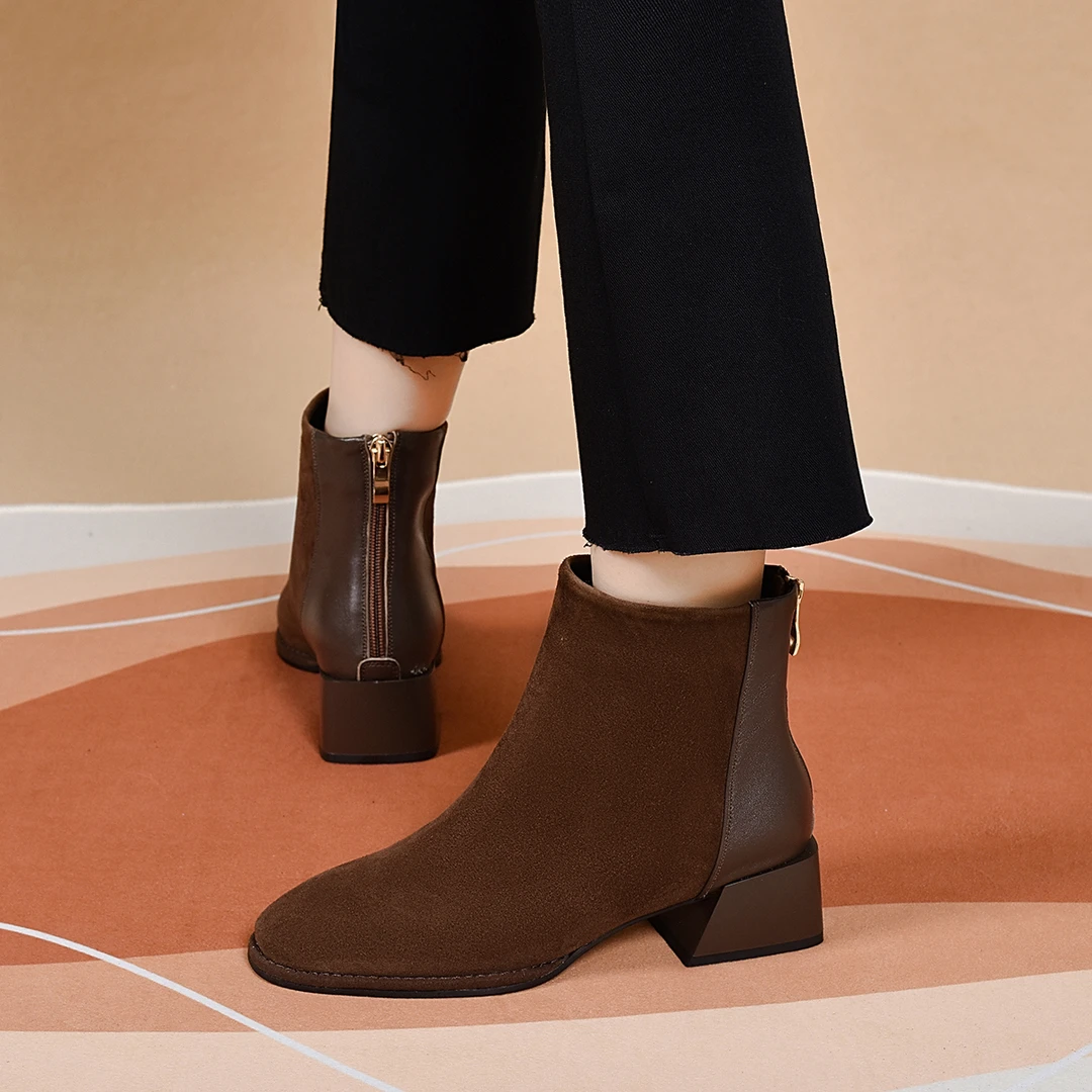 韩版小短靴女中跟圆头秋冬季新款真皮羊皮粗跟女靴翻毛皮祼靴加绒