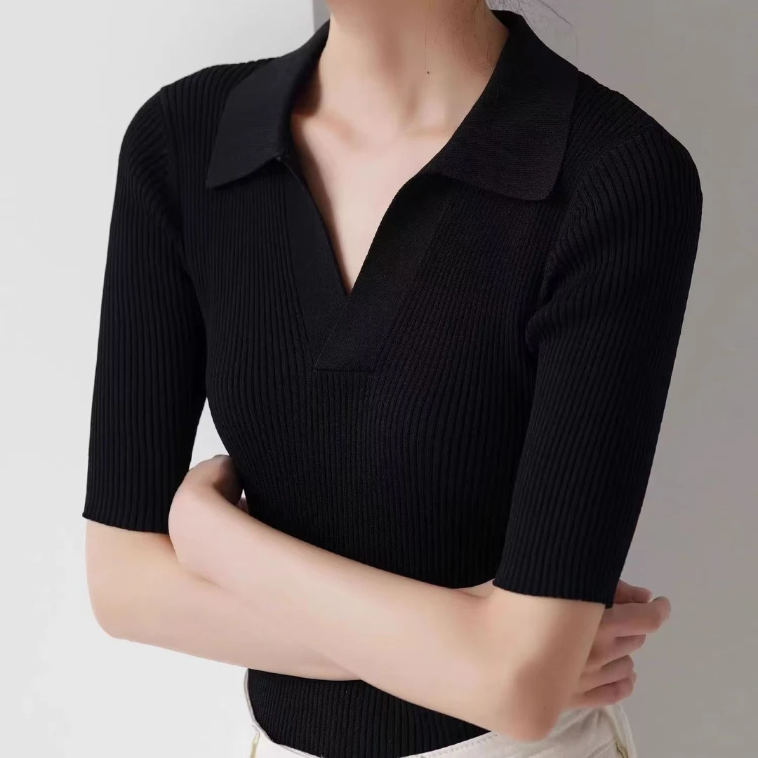 夏季新款螺纹设计感短袖t恤修身锁骨V领甜辣小心机polo领百搭上衣