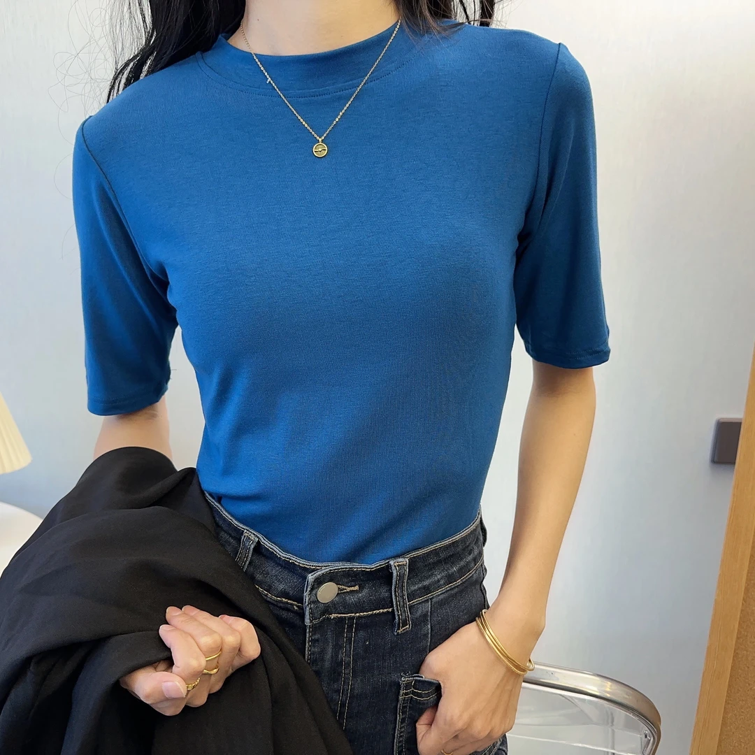 夏秋新款半高领螺纹夏季修身T恤女简约百搭打底五分袖上衣洋气