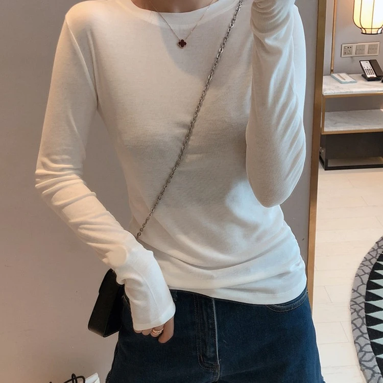 纯色打底衫长袖t恤女春装2023新款修身紧身时尚洋气内搭上衣