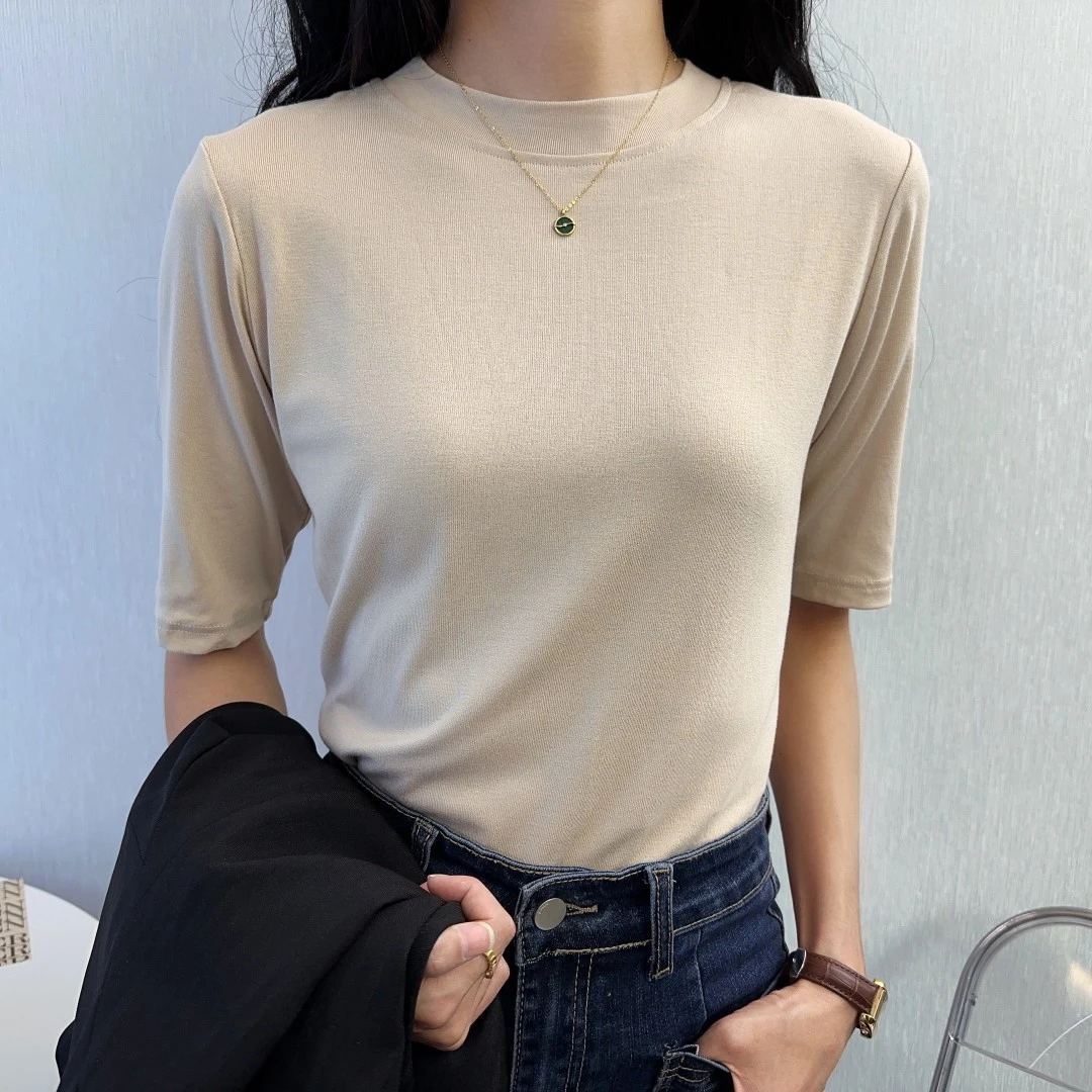 半高领夏秋螺纹修身新款T恤女简约百搭打底五分袖上衣洋气薄款