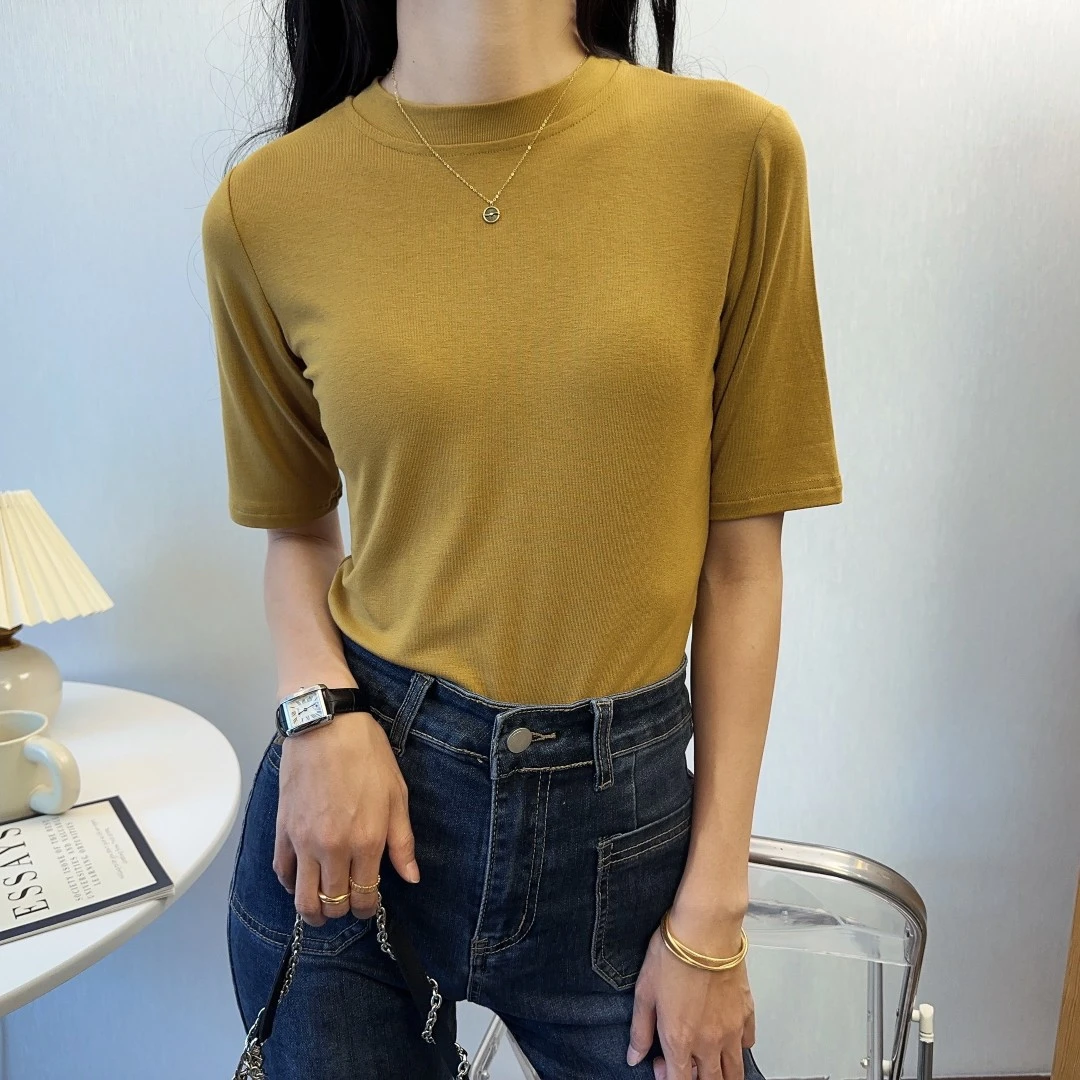 半高领夏秋螺纹修身新款T恤女简约百搭打底五分袖上衣洋气
