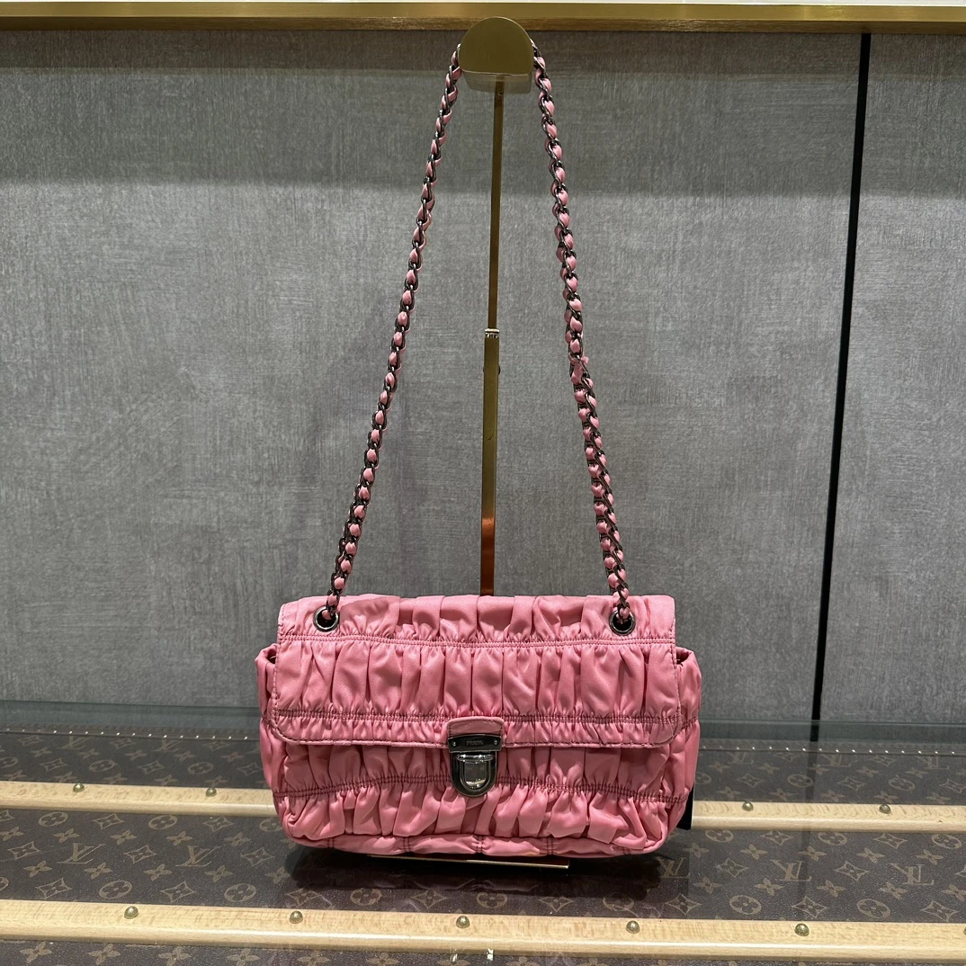 95新 Prada/普拉达 SH小竹子 褶皱单肩斜挎链条包 30450