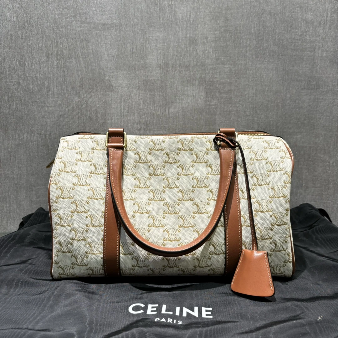 95新 Celine/思琳 凯旋门白色老花波士顿手提包 06075