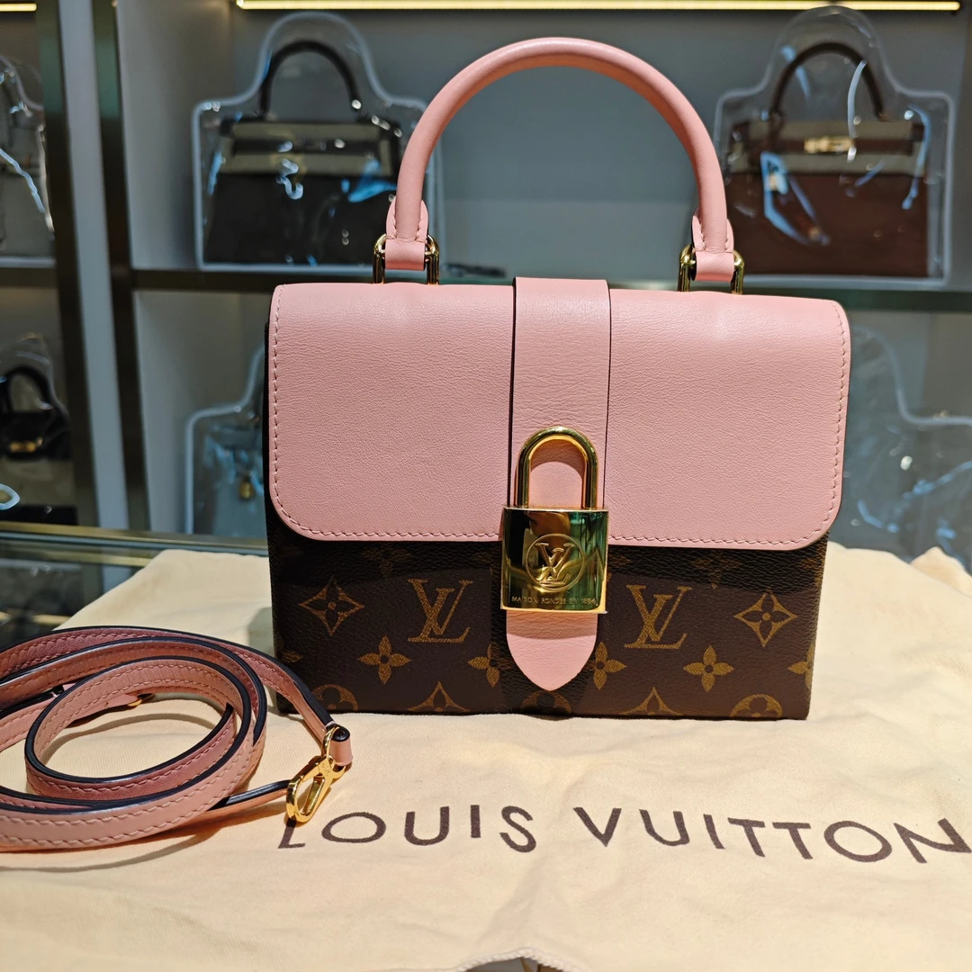 95新 LouisVuitton/路易威登 老花拼粉色金扣锁头locky bb包19639