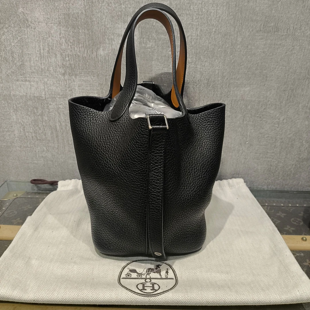 95新 Hermes/爱马仕 黑银手柄拼色18菜篮子手提包 14393