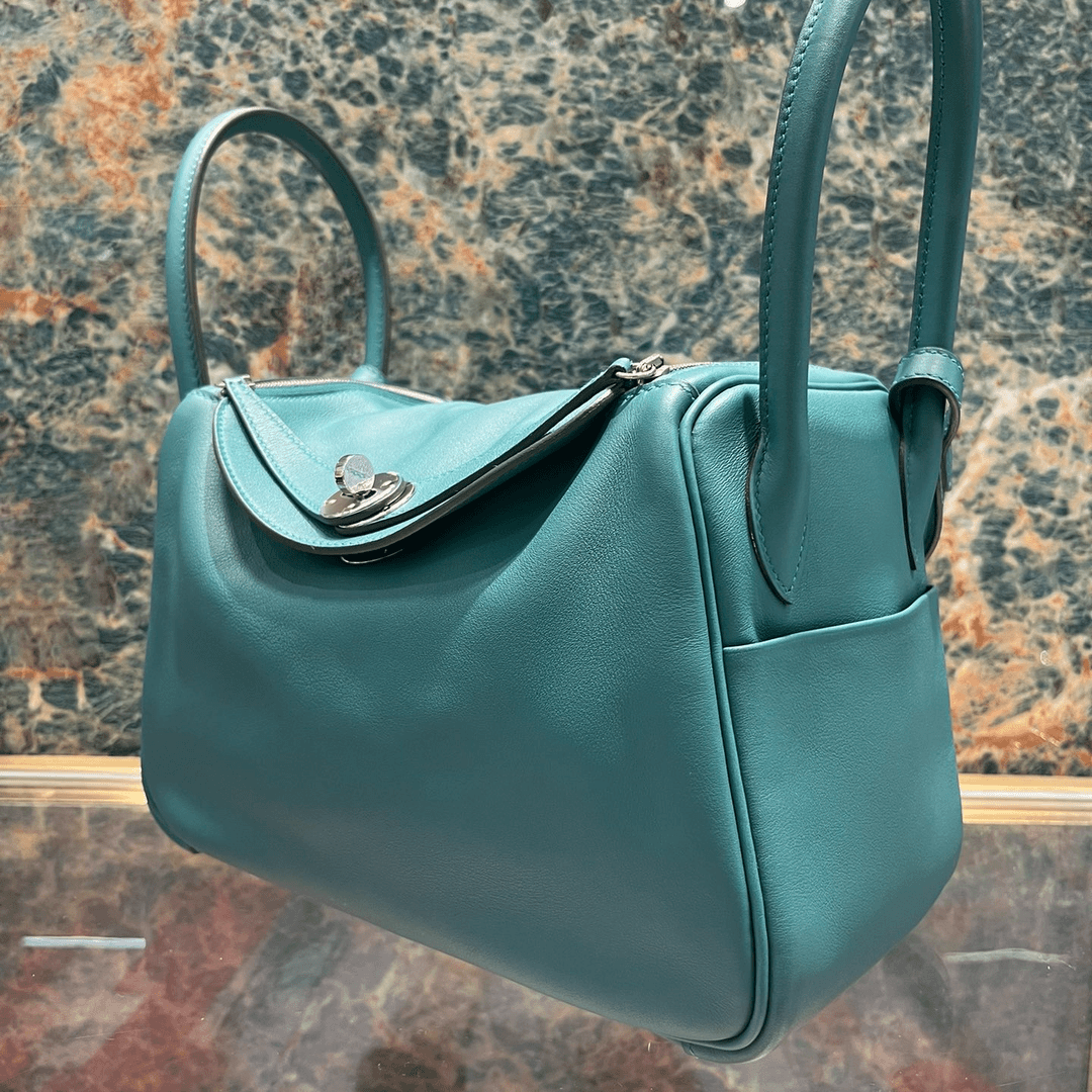 95新 Hermes/爱马仕 lindy26孔雀绿Z6 Swift皮手提单肩包 29500