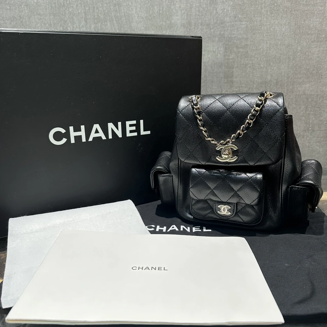 99新 Chanel/香奈儿 23k duma小号芯片荔枝纹牛皮坦克双肩包27435