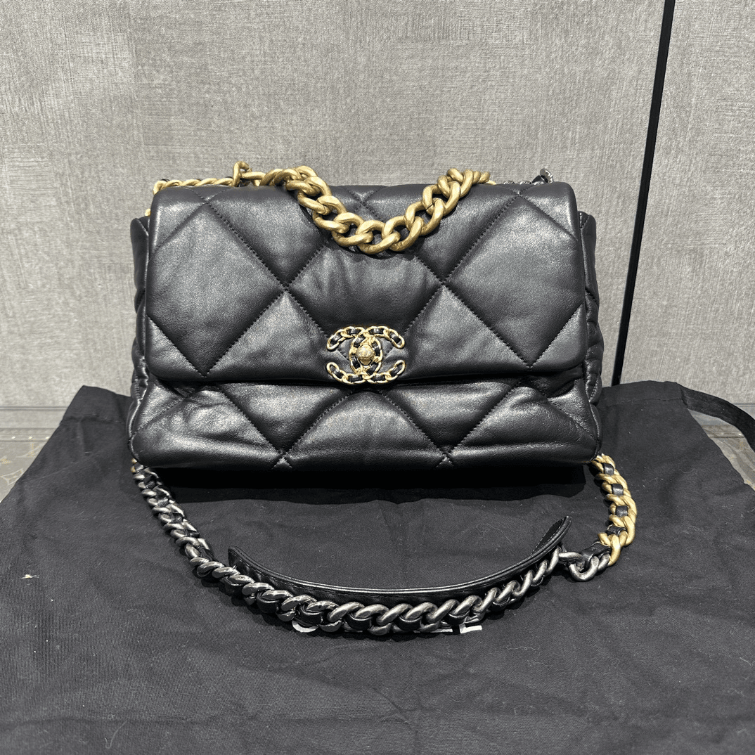 95新 Chanel/香奈儿 19bag黑色菱格纹中号链条单肩斜挎包 26865