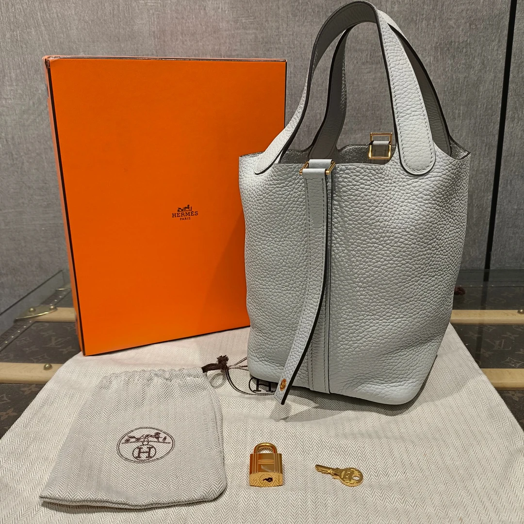 99新 Hermes/爱马仕 U刻圣杯蓝菜篮子18手提包 16201
