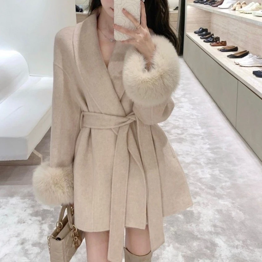 网红薄款绑带呢子外套春秋长袖宽松高级拼接短款毛毛袖小个子气质