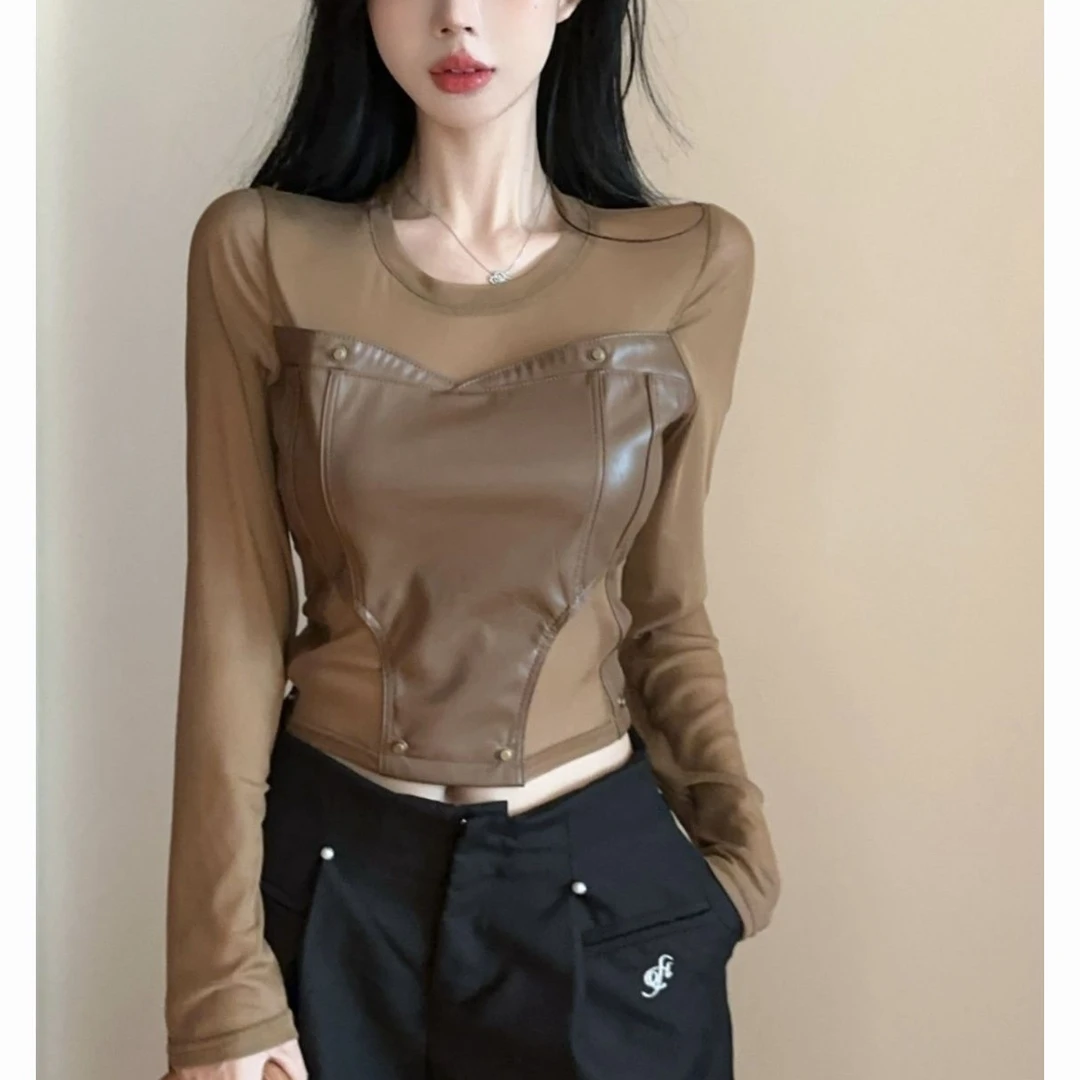 2024穿搭设计感网纱拼接时尚长袖上衣女装春秋时髦机能风短款T恤