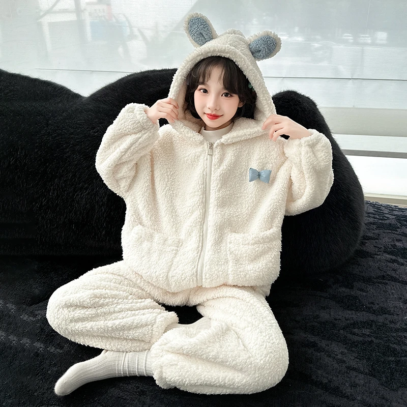 儿童可爱甜美立体蝴蝶结连帽珊瑚绒睡衣女童秋冬季加厚家居服套装