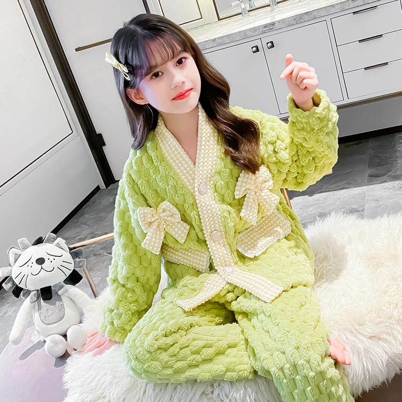 女童法兰绒睡衣套装秋冬季儿童大童女孩加绒加厚保暖珊瑚绒家居服