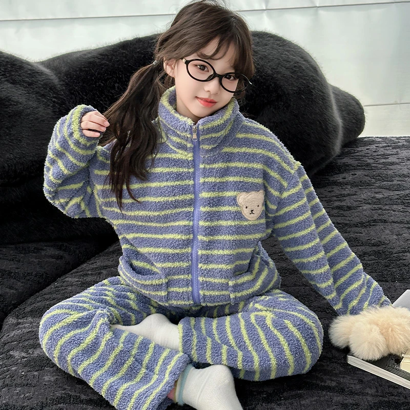 女童睡衣秋冬款儿童珊瑚绒法兰绒家居服6-12岁女孩冬季家居服套装