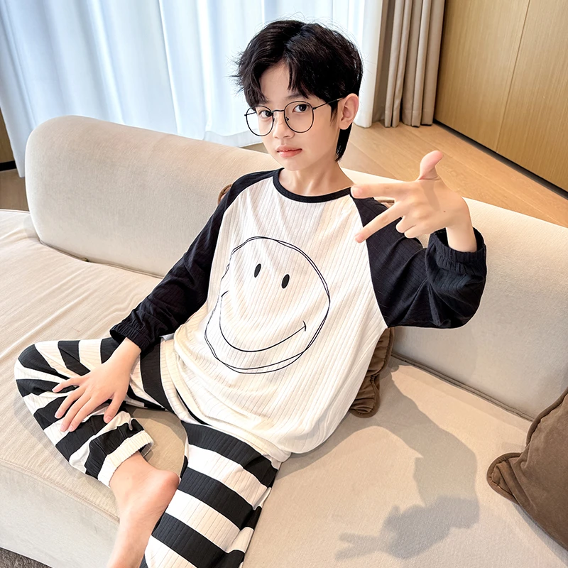 春秋季儿童睡衣男童莫代尔长袖家居服10岁至15岁男孩夏空调服套装