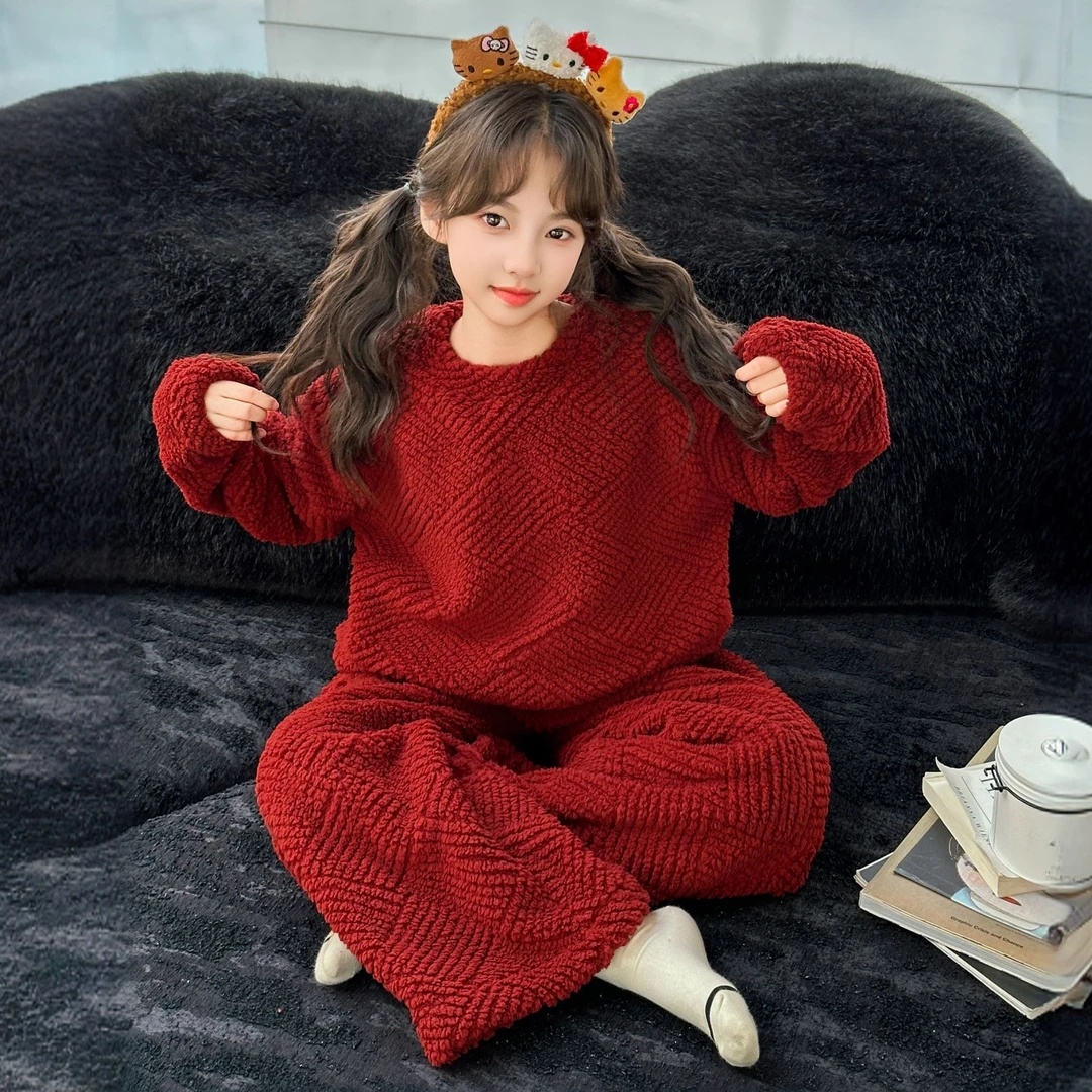 儿童红色睡衣秋冬季珊瑚绒加厚款套装喜庆6-12岁女孩法兰绒家居服