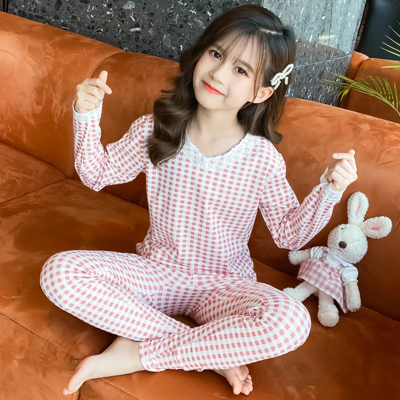 春秋薄款女童纯棉内衣套装小女孩莱卡棉秋衣秋裤中大童打底棉毛衫