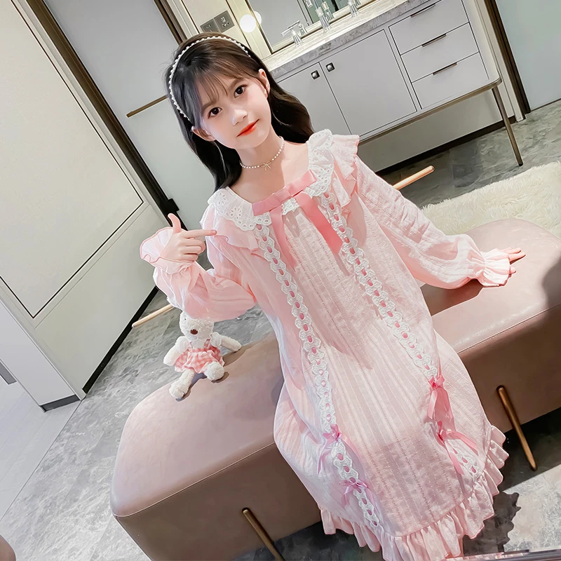 女童长袖睡裙儿童春秋季家居服大童6-12岁女孩纯棉睡衣公主连衣裙