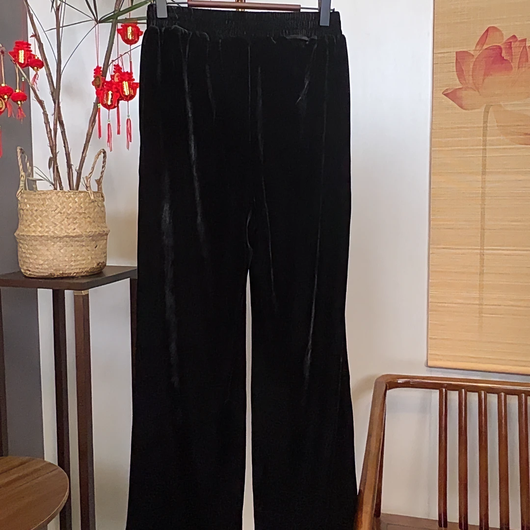 曼妙云端新中式国风女装丝绒阔腿直筒裤高级质感百搭