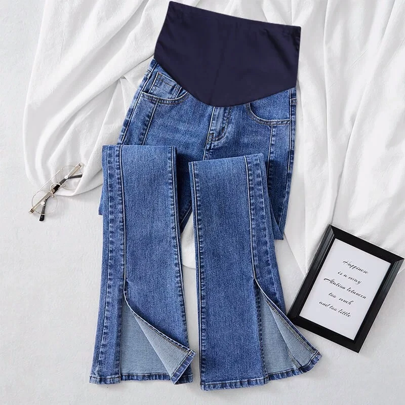 孕妇裤子春秋外穿时尚牛仔裤冬季加绒大码薄款开叉微喇叭裤春装