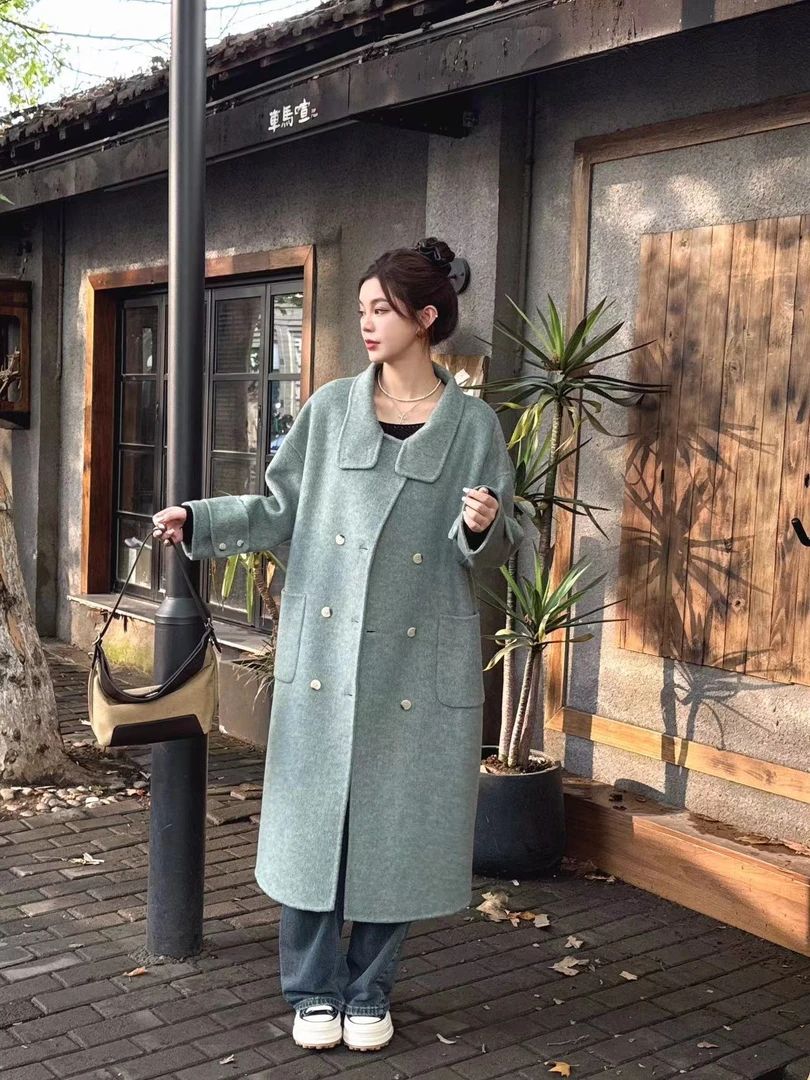 霖依韩版立领大衣气质显瘦手工绝美中长款双面呢大衣8163