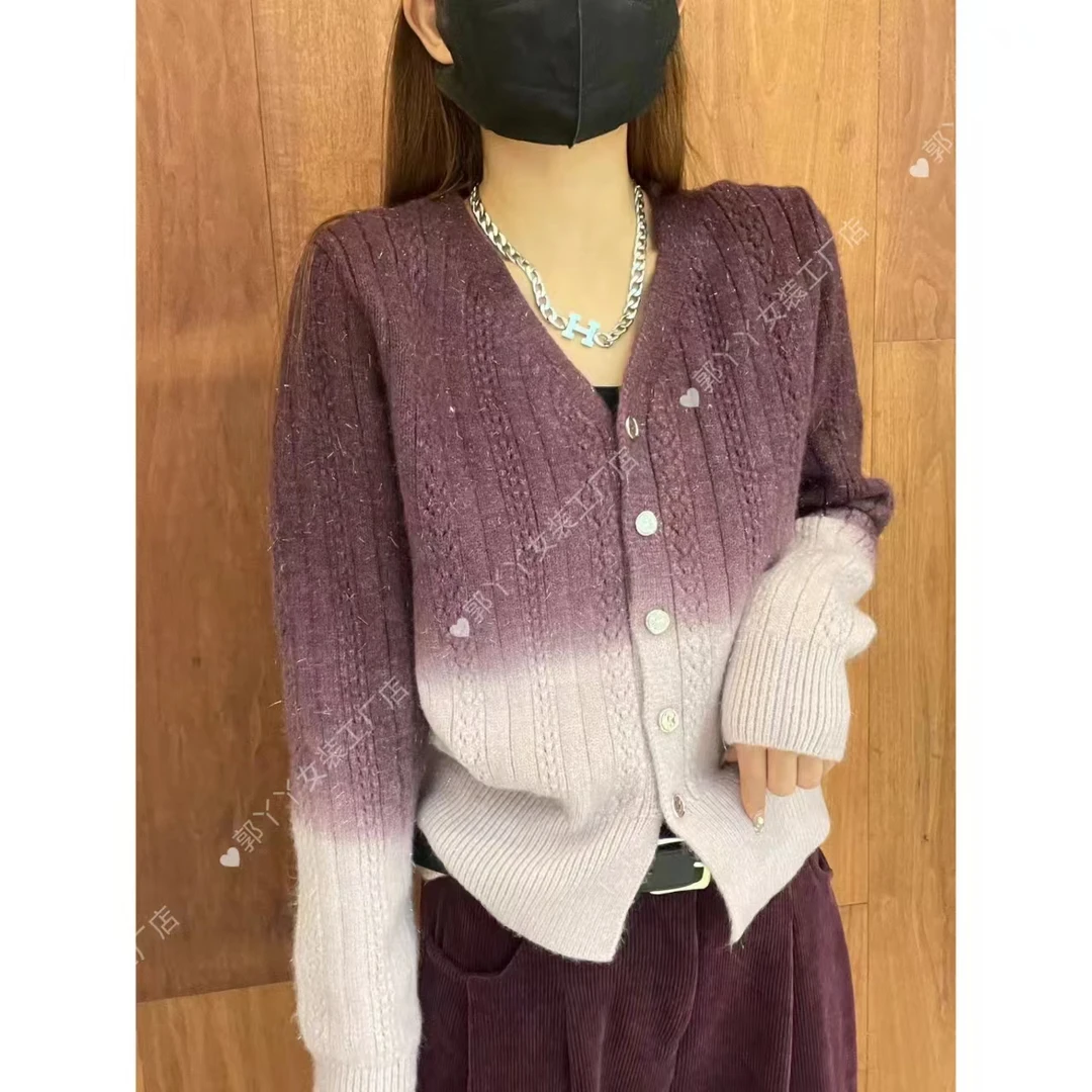 （工厂店）法式复古麻花渐变色针织开衫秋冬季气质v领软糯上衣