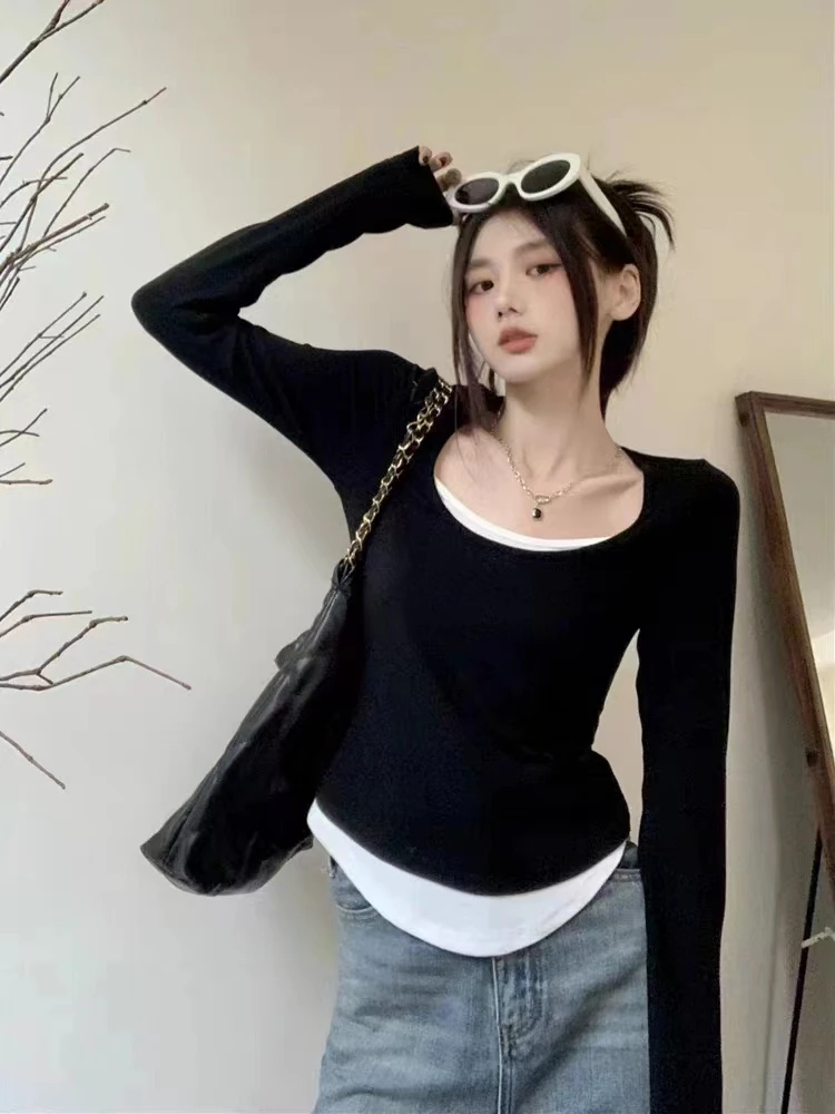 秋冬假两件长袖小众设计修身内搭不规则打底上衣