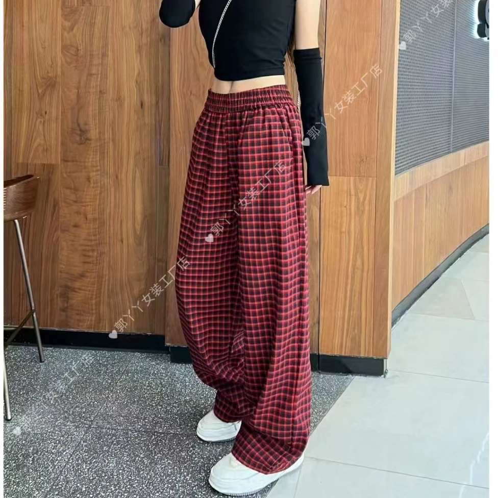 (工厂店）早春新款复古显瘦百搭高腰阔腿直筒格子裤