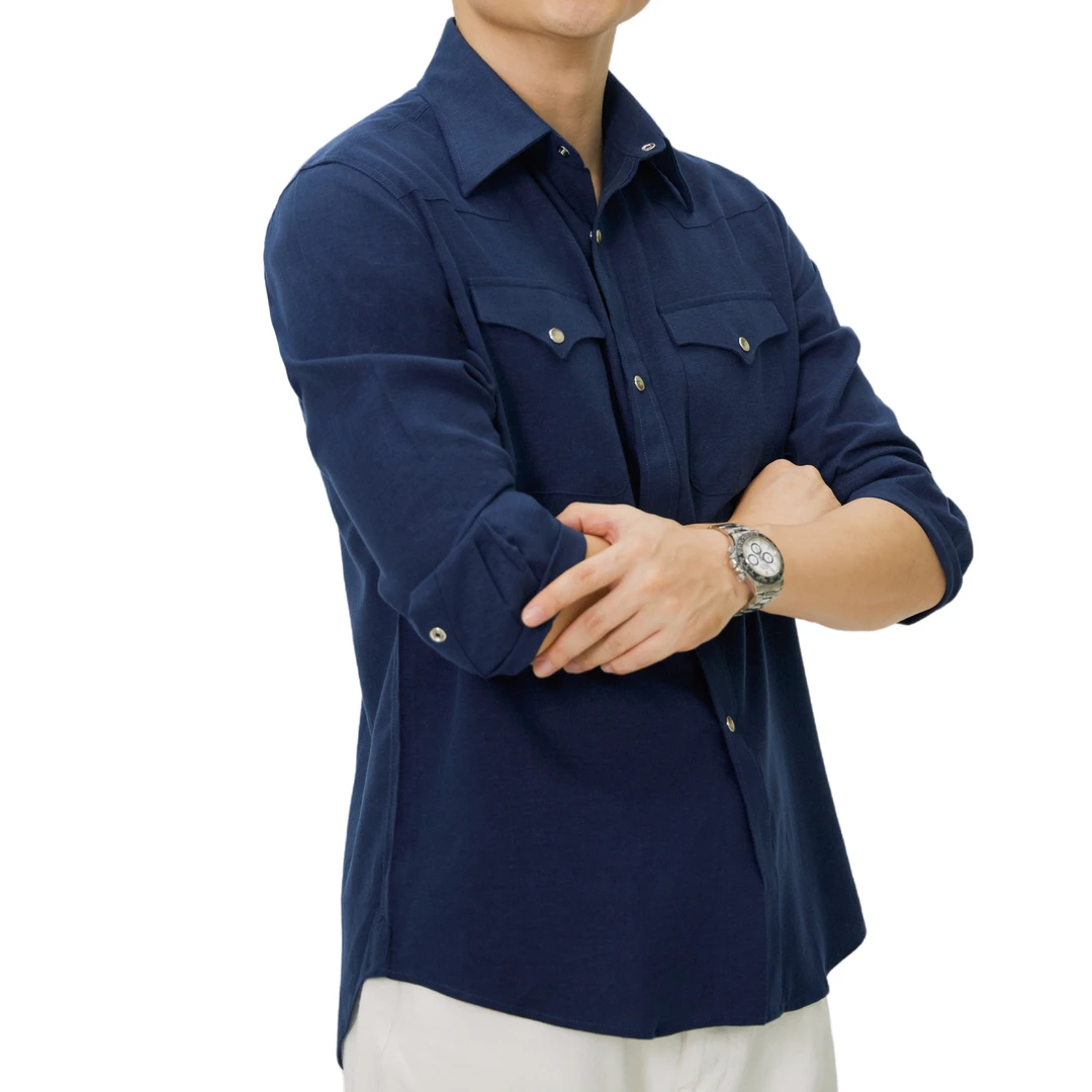 PEONIA ROSSA男士户外休闲蓝色重工长袖衬衫