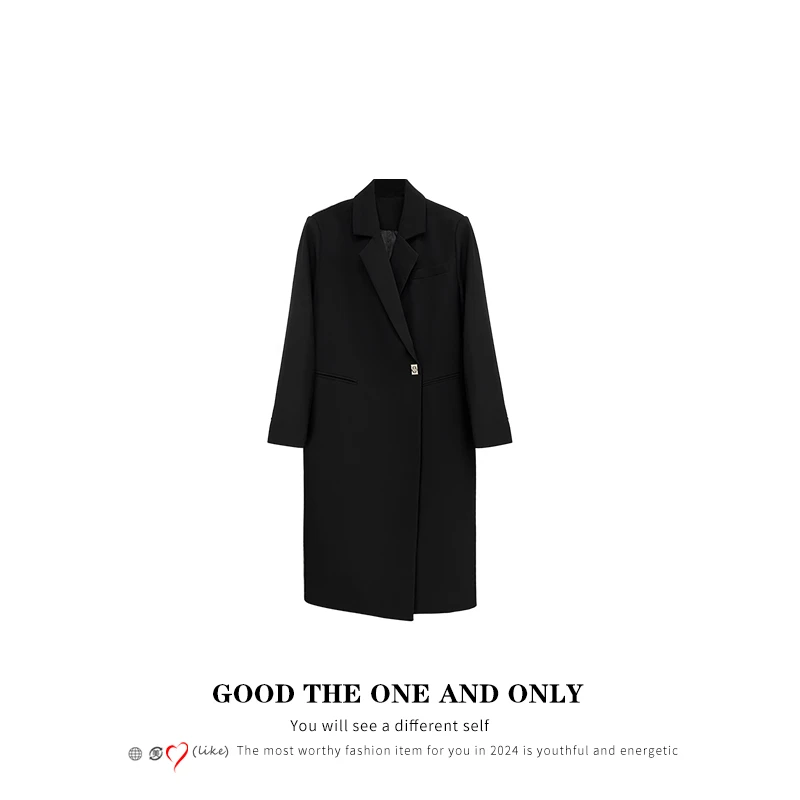 休闲风黑色宽松显瘦翻领长袖开衫中长款风衣女士秋冬季新款2024