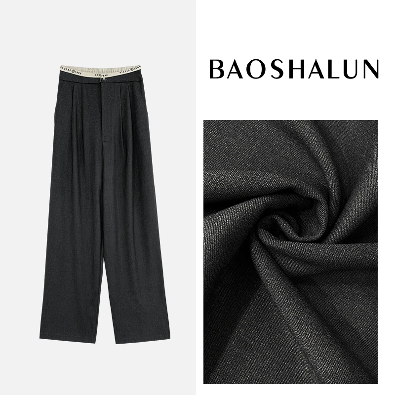 灰色字母褶皱设计感阔腿休闲裤女士休闲风垂感高腰显瘦直筒长裤子