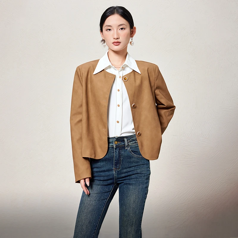 高级气质感圆领长袖开衫上衣女士纯色垂坠感设计修身显瘦短外套