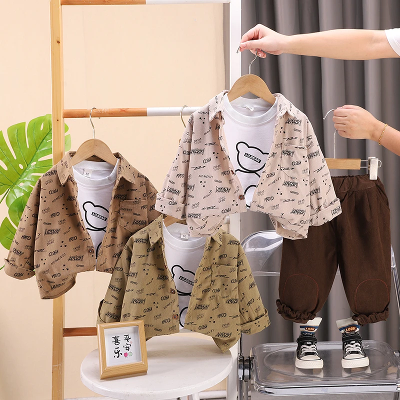 男童春秋季套装2024新款婴儿开衫童装宝宝洋气秋季三件套时髦衬衫