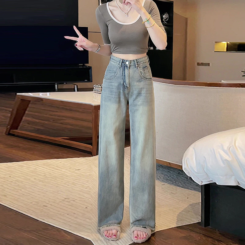 薄垂感牛仔裤复古宽松高街夏季高腰显瘦拖地裤设计感美式阔腿春秋