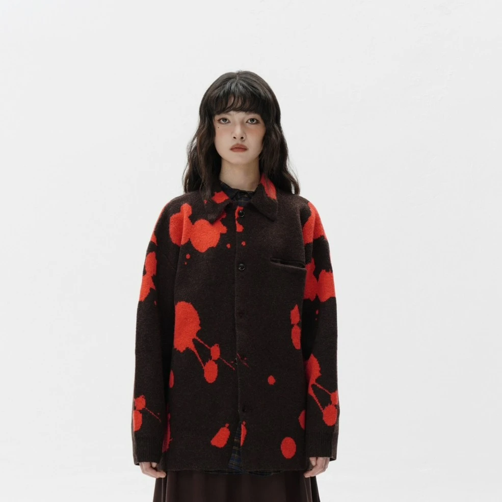 艺术红色泼墨毛衣外套 1406