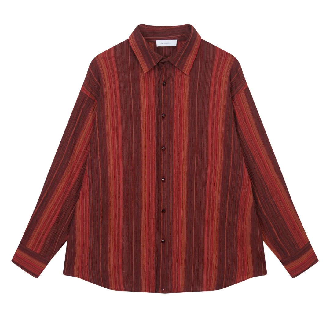 复古红色轻薄条纹 休闲宽松长袖衬衫  6518
