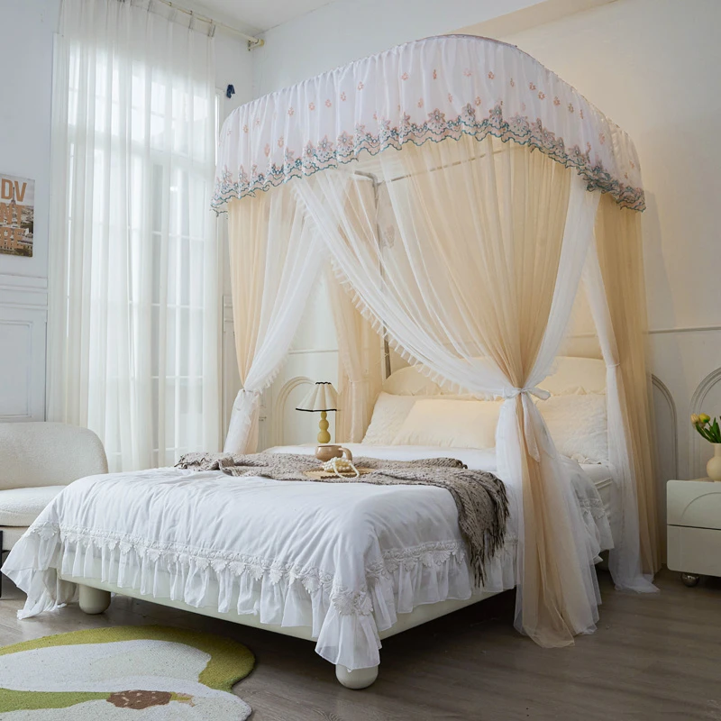 新款法式花边伸缩落地蚊帐 双层帐纱三开门防蚊家用卧室蚊帐