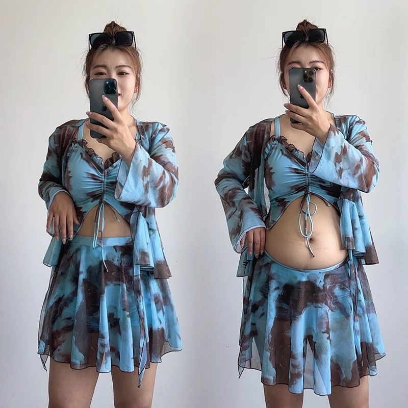 【牙姐直播专属】长袖保守遮肉显瘦泳衣女大码宽松平角温泉海边度假