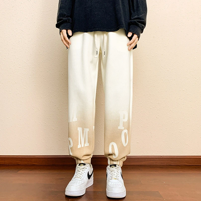 CHRISUNO男裤子秋冬款潮牌渐变灯芯绒高档字母印花抽绳休闲束脚裤