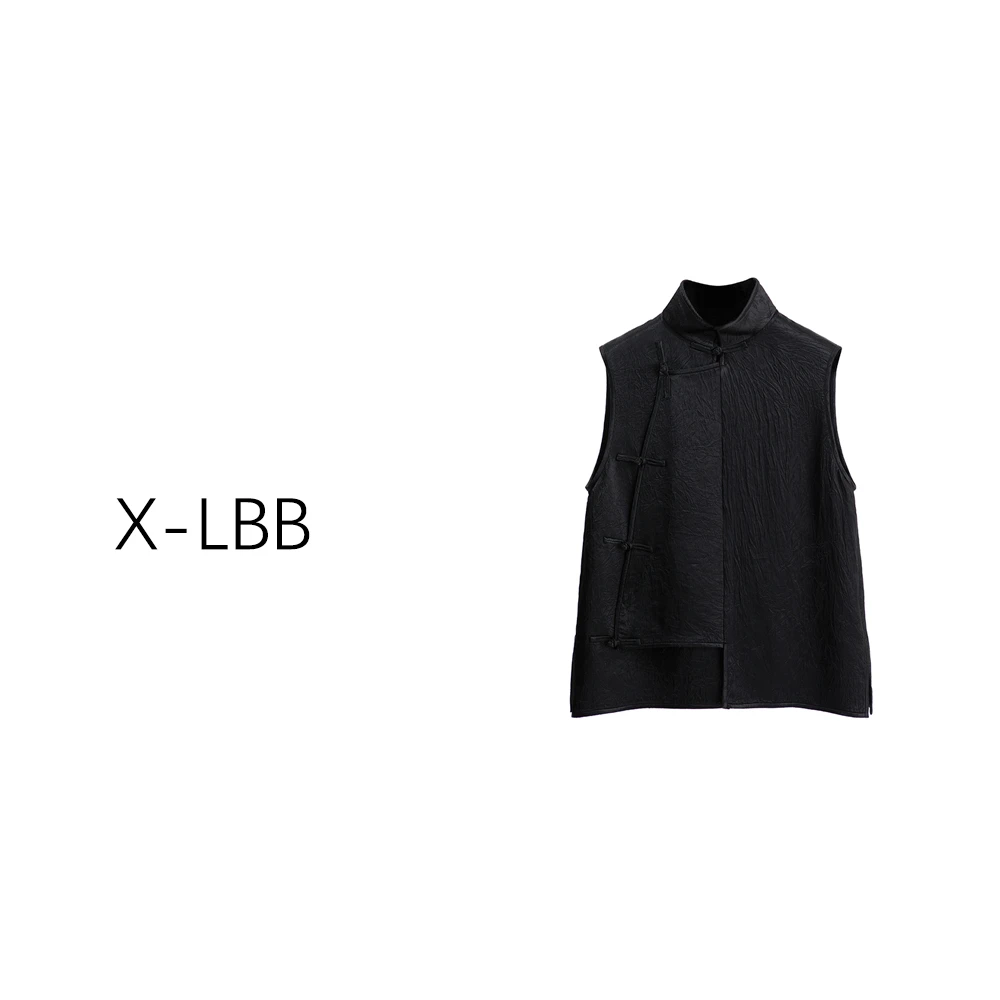 G0765  黑色褶皱缎面中式斜襟盘扣马甲