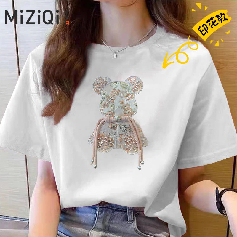 米子旗2024新款时尚百搭夏季女款短袖T恤白色宽松显瘦休闲短袖女