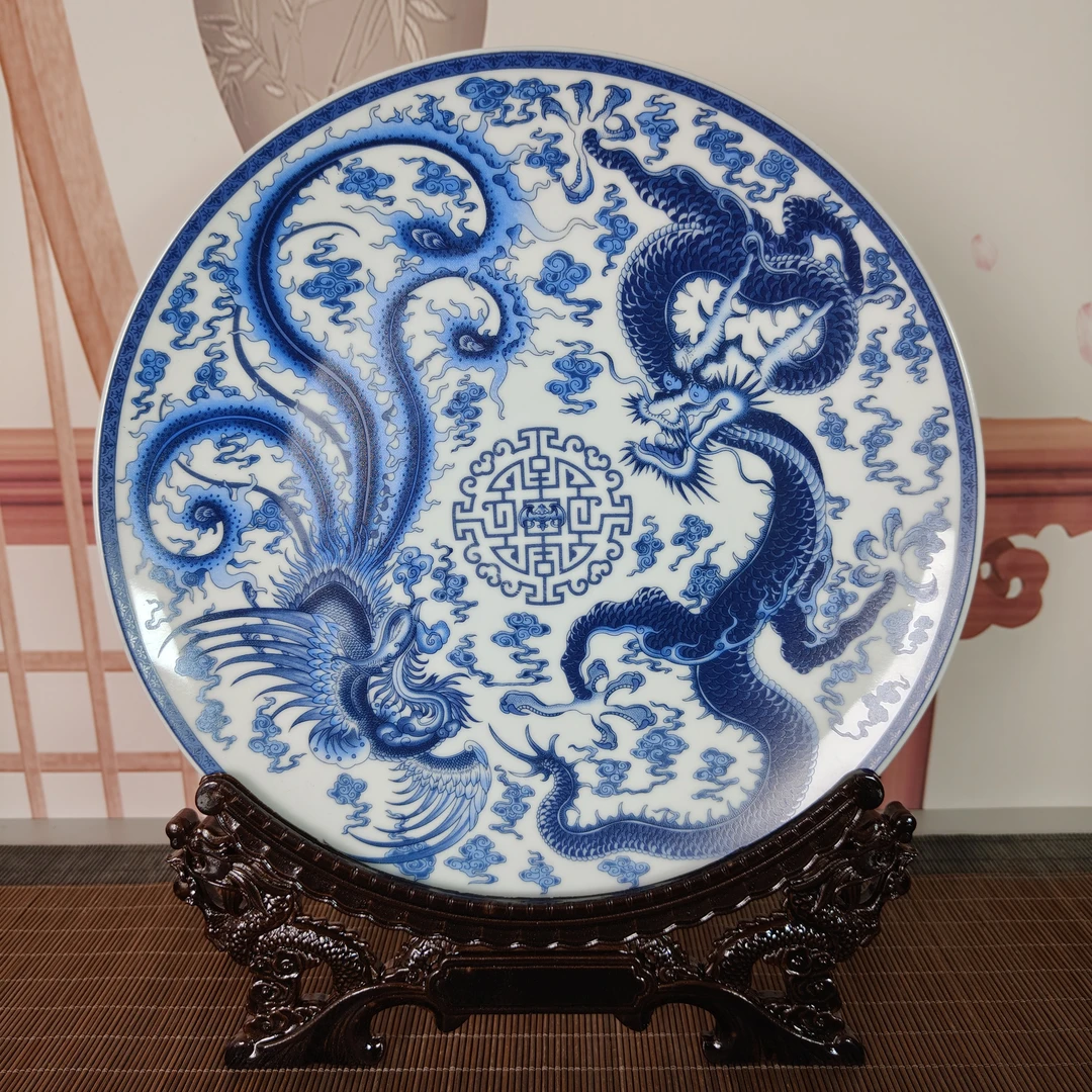 景德镇陶瓷青花龙凤呈祥赏盘摆设创意摆件家居饰品摆盘大号盘子
