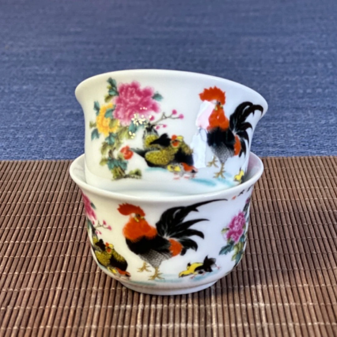 景德镇陶瓷粉彩杯子大吉大利公鸡图茶杯小客杯中式主人杯2个装